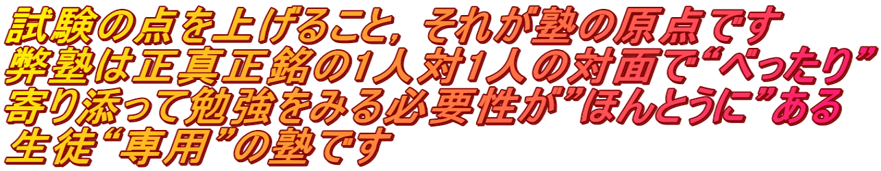 試験の点を上げること，それが塾の原点です 弊塾は正真正銘の1人対1人の対面で“べったり” 寄り添って勉強をみる必要性が”ほんとうに”ある 生徒“専用”の塾です